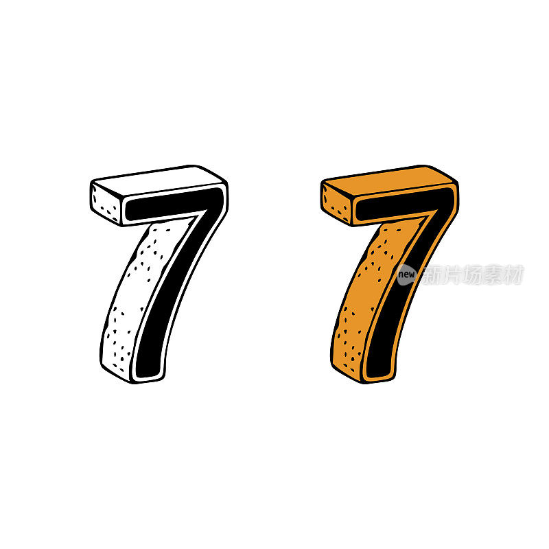 Isometric number 7 doodle vector illustration on white background. Number seven clip art.